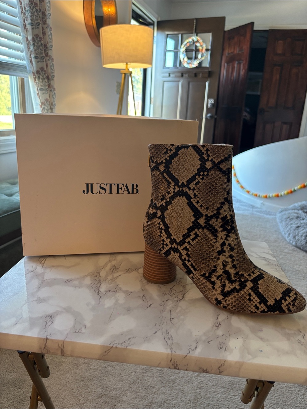 JustFab Brown and Black Snake Print Ankle Bootie